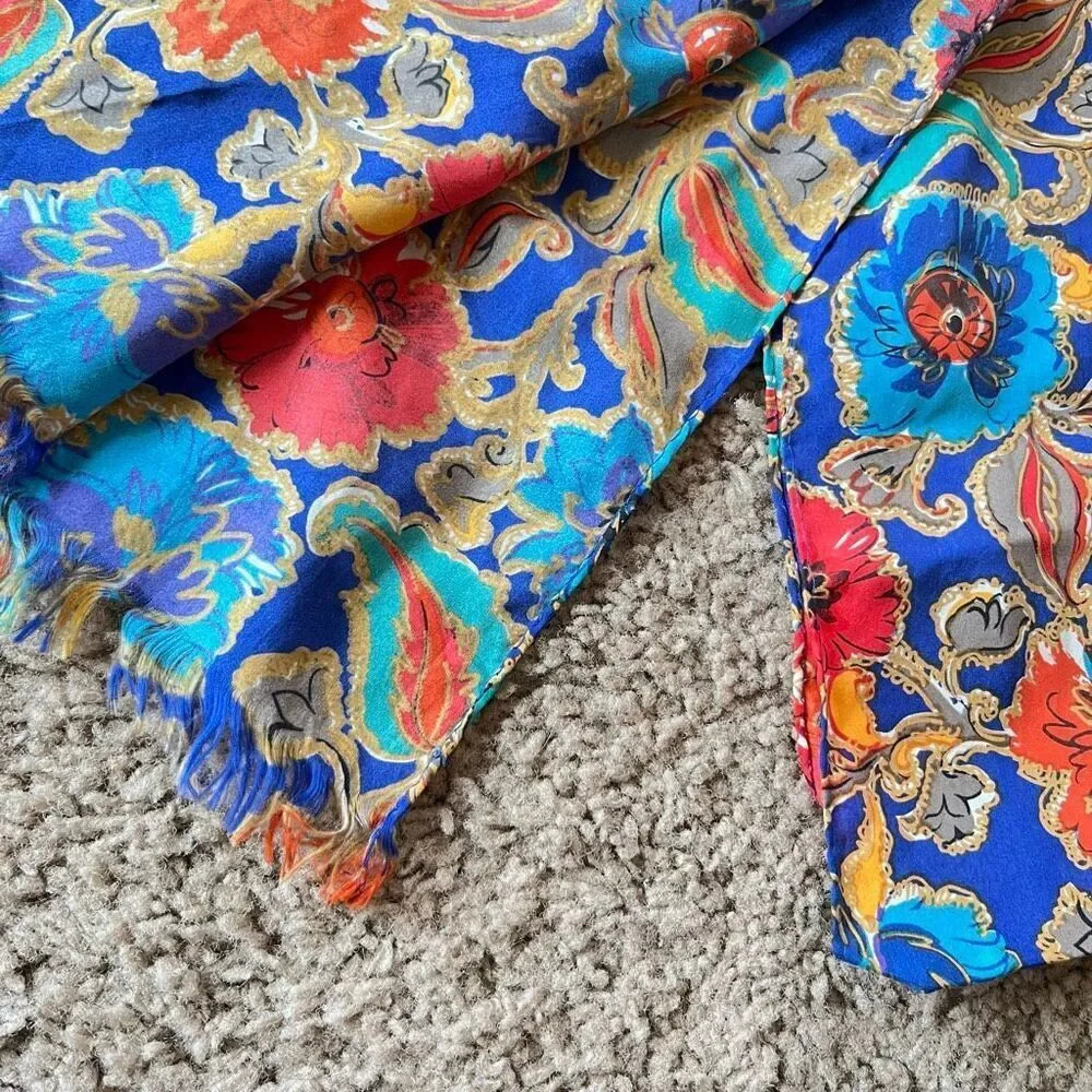 VTG Silk Scarf Jewel Tone Floral Gold Accents Long Fringe Wrap 80x10